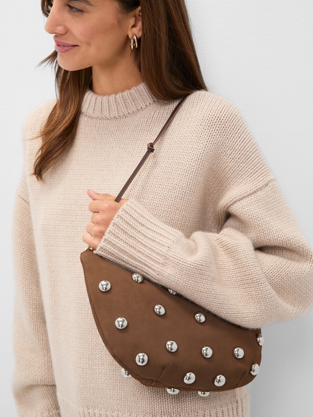 Clare V Lune Studded Brown Leather Shoulder Bag Silver Studs